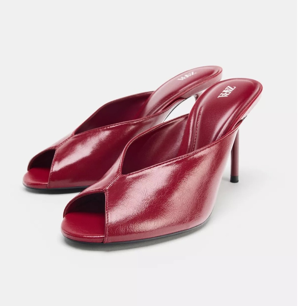 Zara Women's Burgundy Open Peep-Toe Sandals with Stiletto Heels NWT